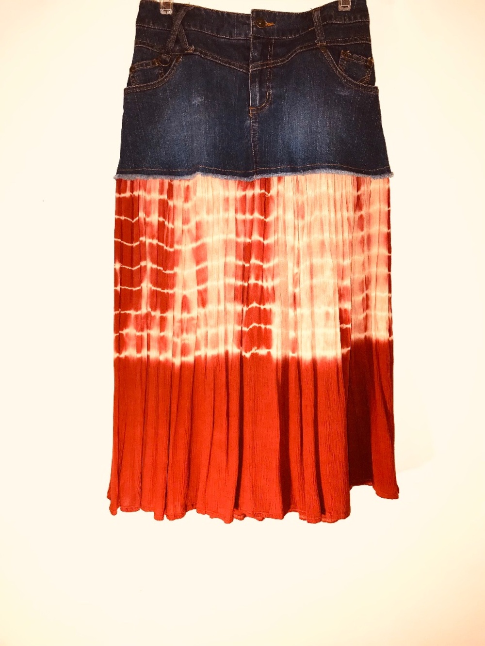 Vintage Y2K East of La Denim Red Tie Dye Maxi Skirt Boho Grunge Festival S 9/10